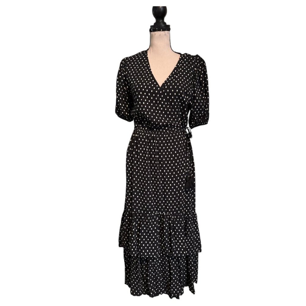 Knox Rose Black Polka Dot Wrap Dress Small Midi Puff Sleeve Boho Casual - Picture 2 of 3